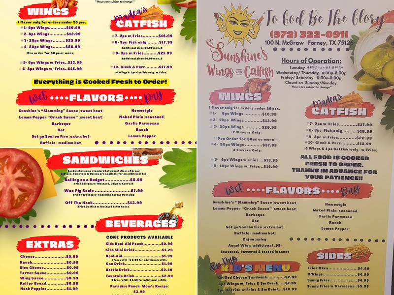 Sunshine's Wings and Catfish Menu