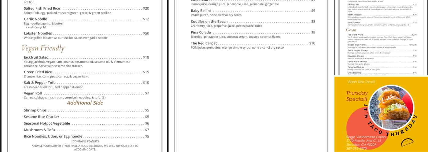 Binge Vietnamese Fusion Menu