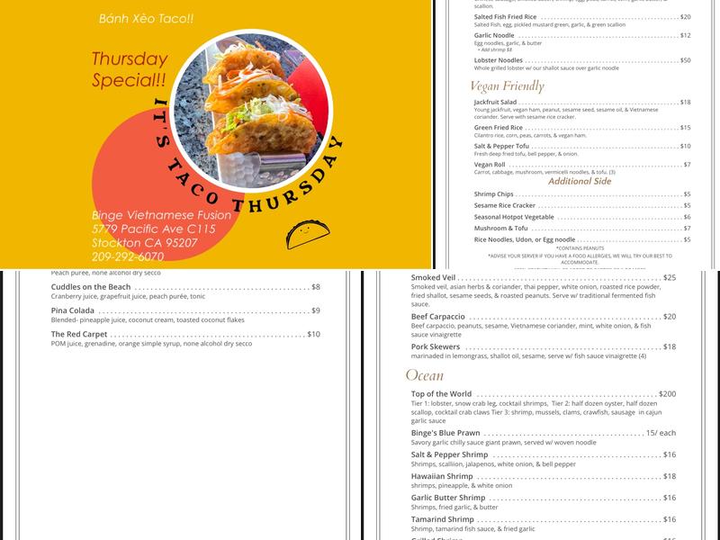 Binge Vietnamese Fusion Menu