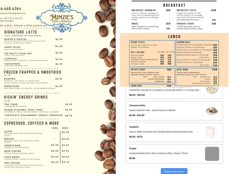 Mimzie's Coffee and Curiosities Menu