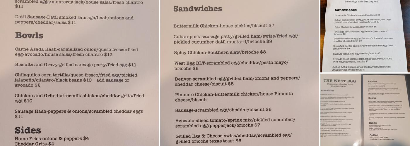 The West Egg Menu