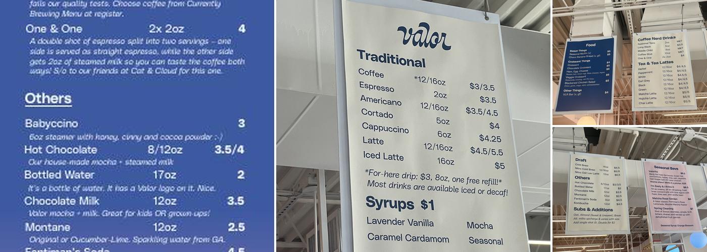 Valor Coffee Menu