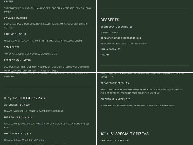 Decades Pizza Menu