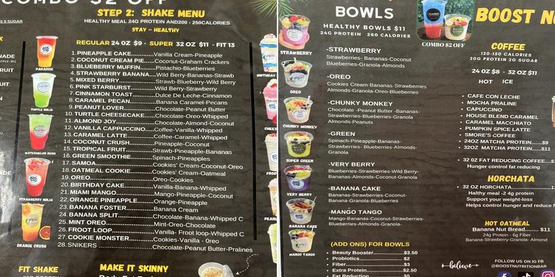 Boost Nutrition Menu