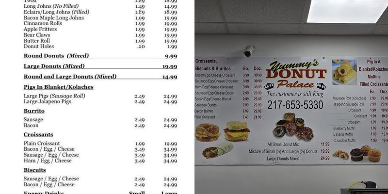 Yummy's Donut Palace Menu