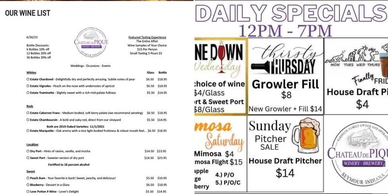 Chateau de Pique Winery - Brewery - Wedding Event Center Menu