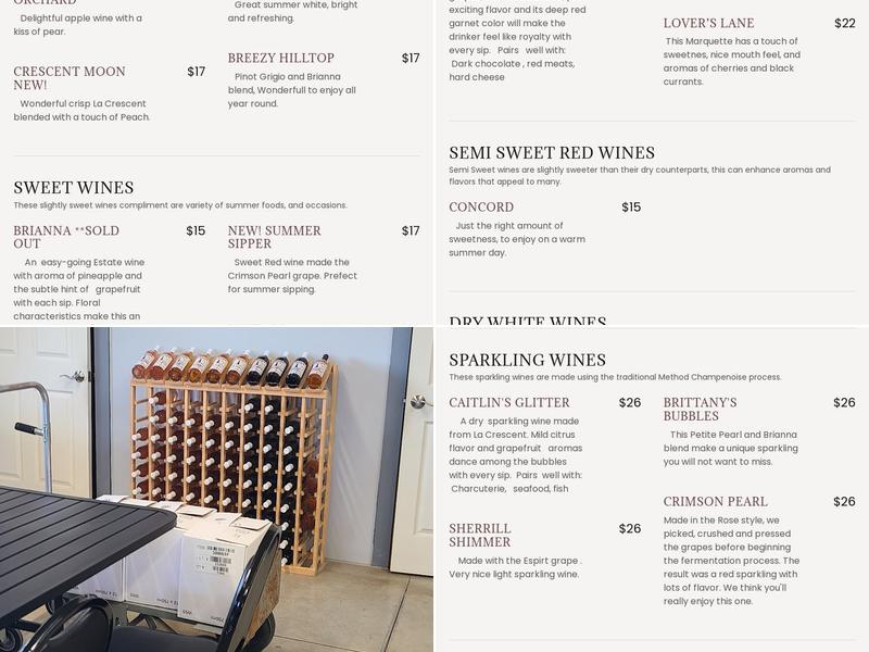 Bishop Vineyard and Winery Menu