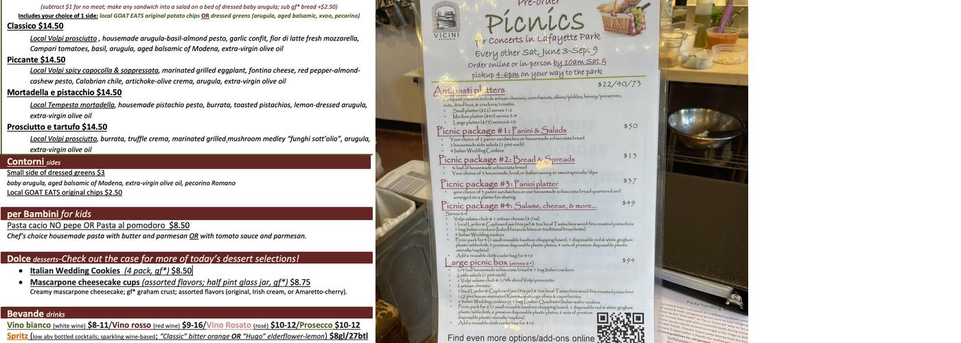 Vicini pastaria, cafe, & market Menu