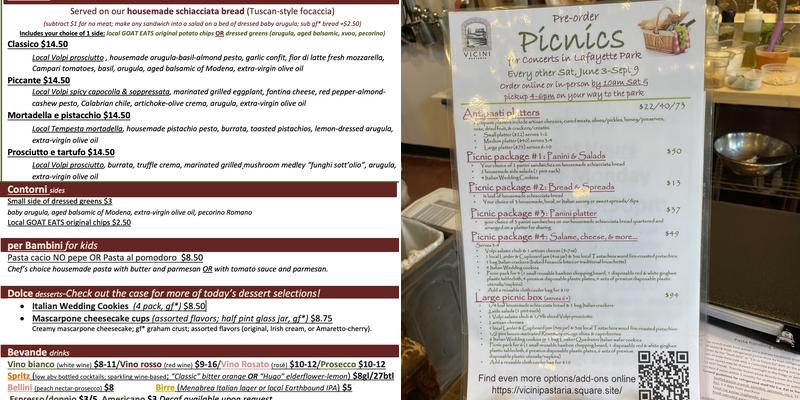 Vicini pastaria, cafe, & market Menu