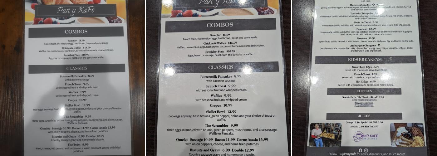Pan Y KaFe Menu