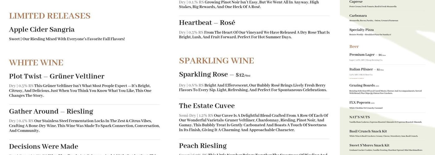 20 Deep Winery Menu