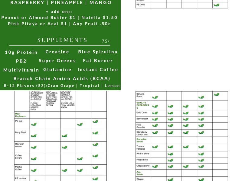 Refresh Smoothie Bar Menu