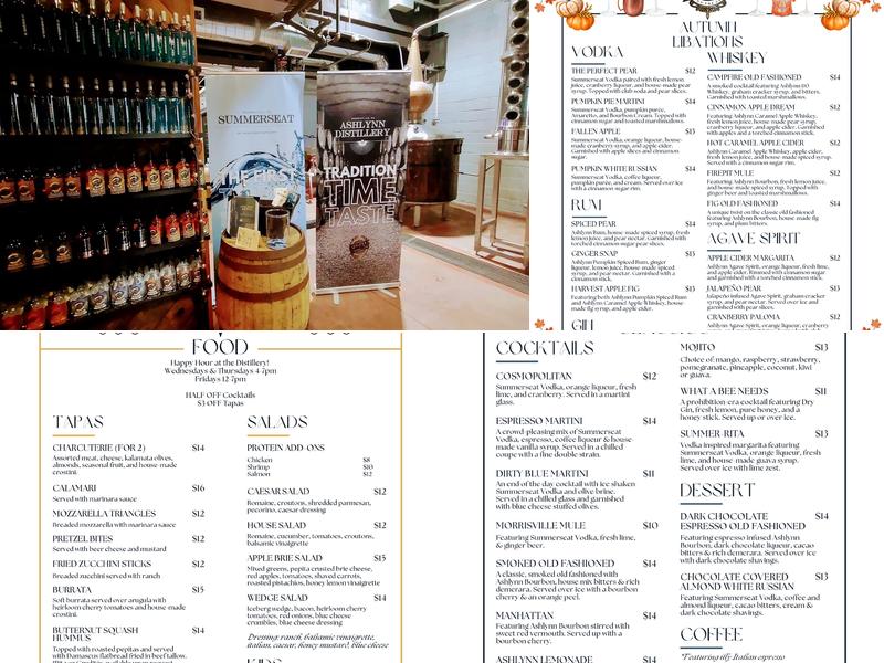 Ashlynn Distillery Menu