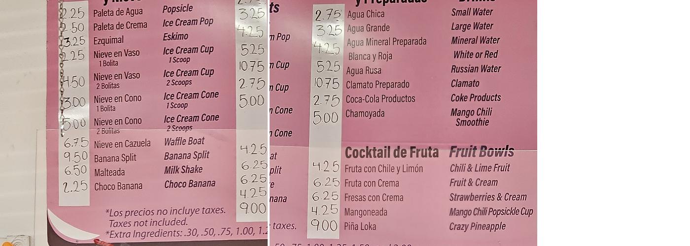 Yoly’s Ice Cream Menu