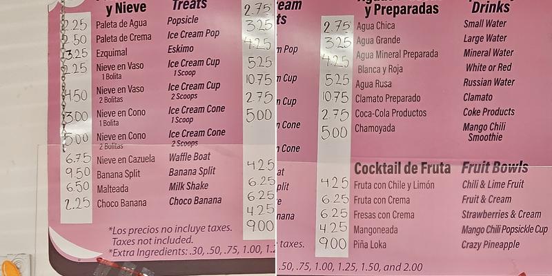 Yoly’s Ice Cream Menu