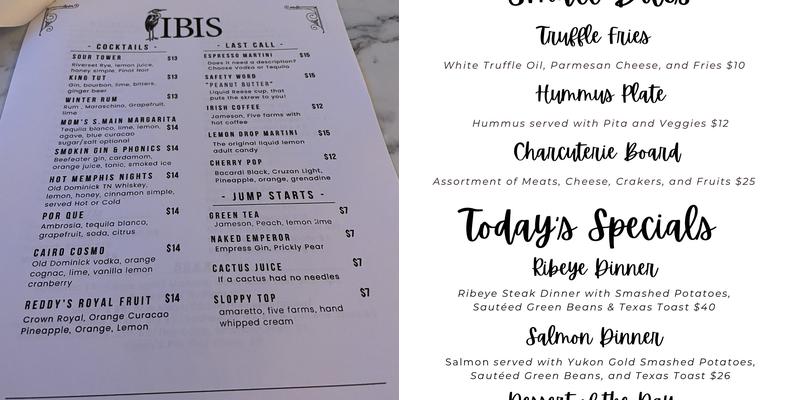 Ibis Cocktail Bar Menu