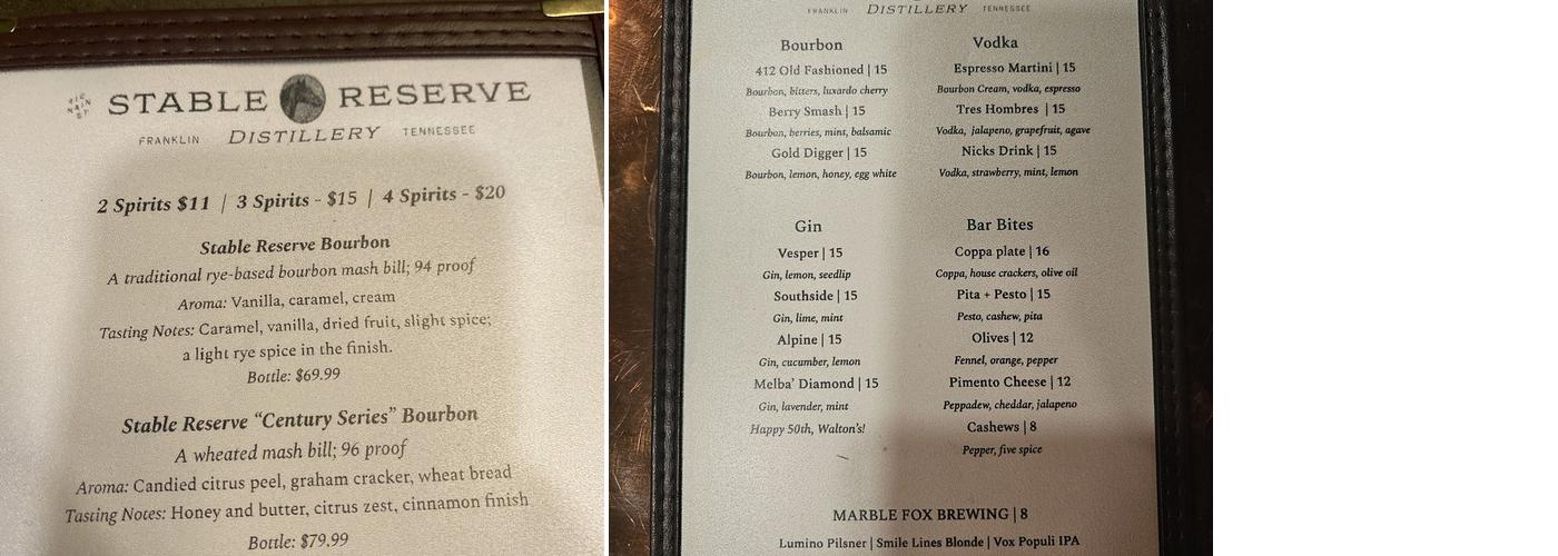 Stable Reserve Distillery Menu