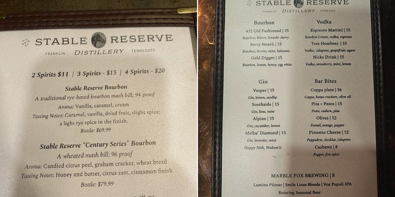 Stable Reserve Distillery Menu