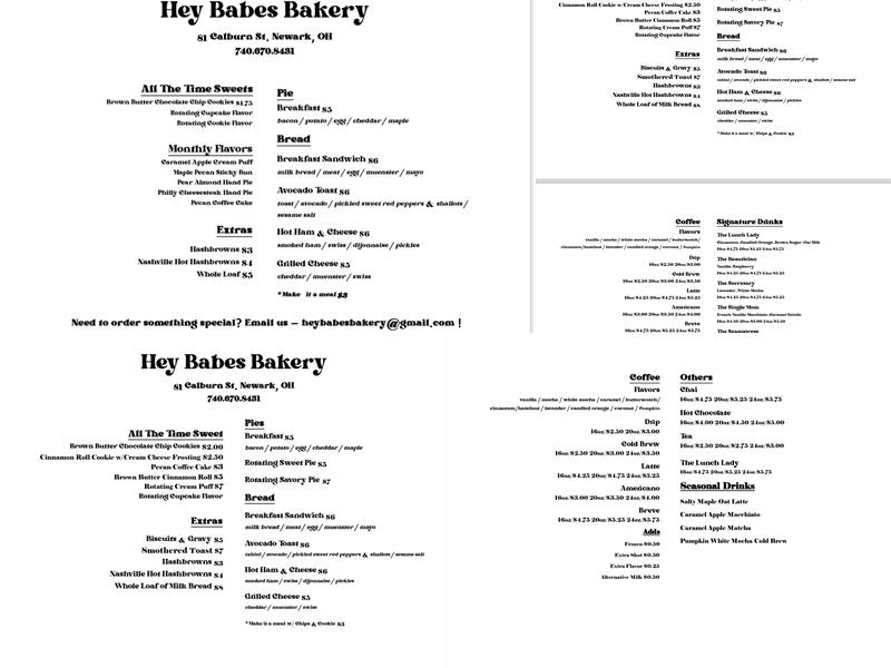 Hey Babes Bakery Menu