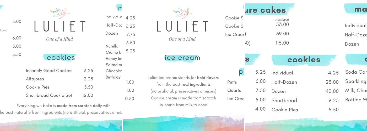 Luliet Ice Cream and Cookies Menu