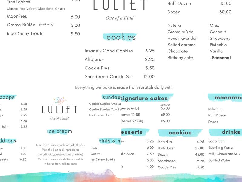 Luliet Ice Cream and Cookies Menu