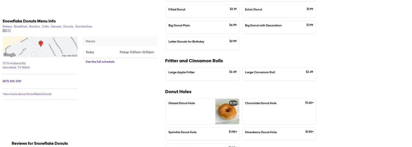 Snowflake Donuts Menu