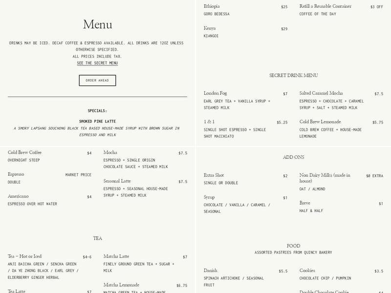Clarity Coffee Menu