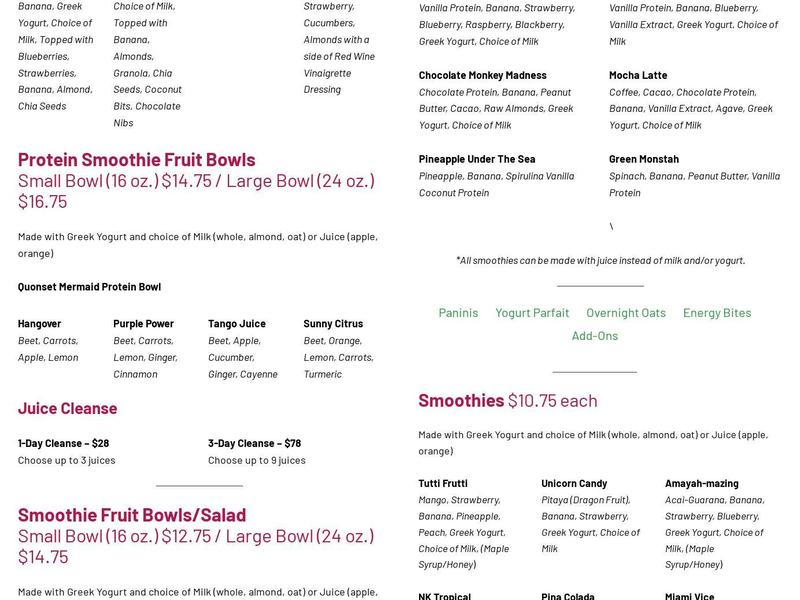 T's Vault Smoothie & Juice Bar Menu