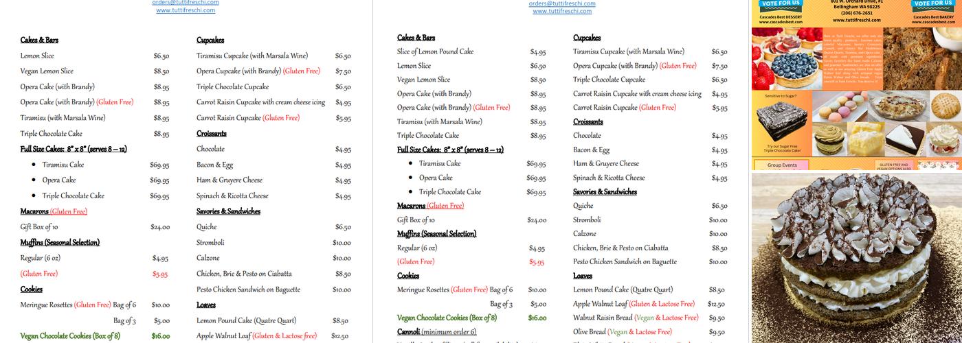 Tutti Freschi Bakery and Specialty Foods Menu