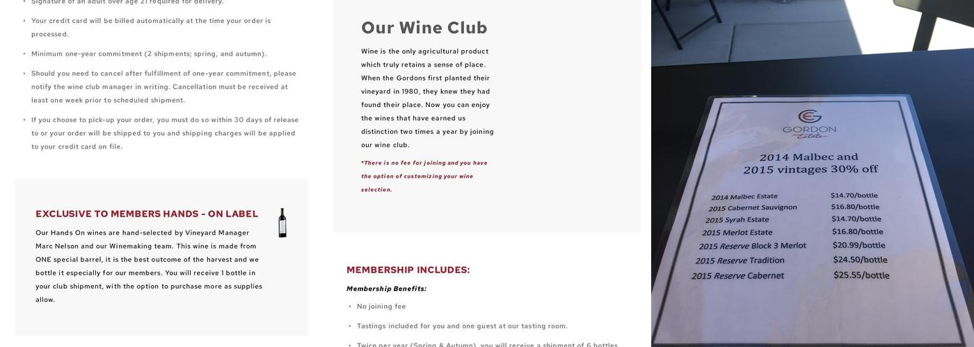 Gordon Estate Winery Tasting Room Menu