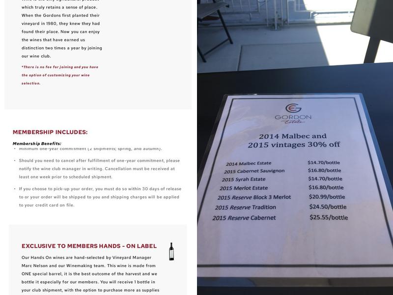 Gordon Estate Winery Tasting Room Menu