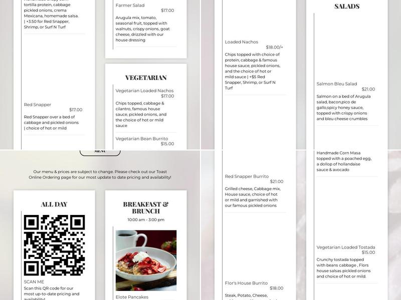 Flor's Farm to Table Menu