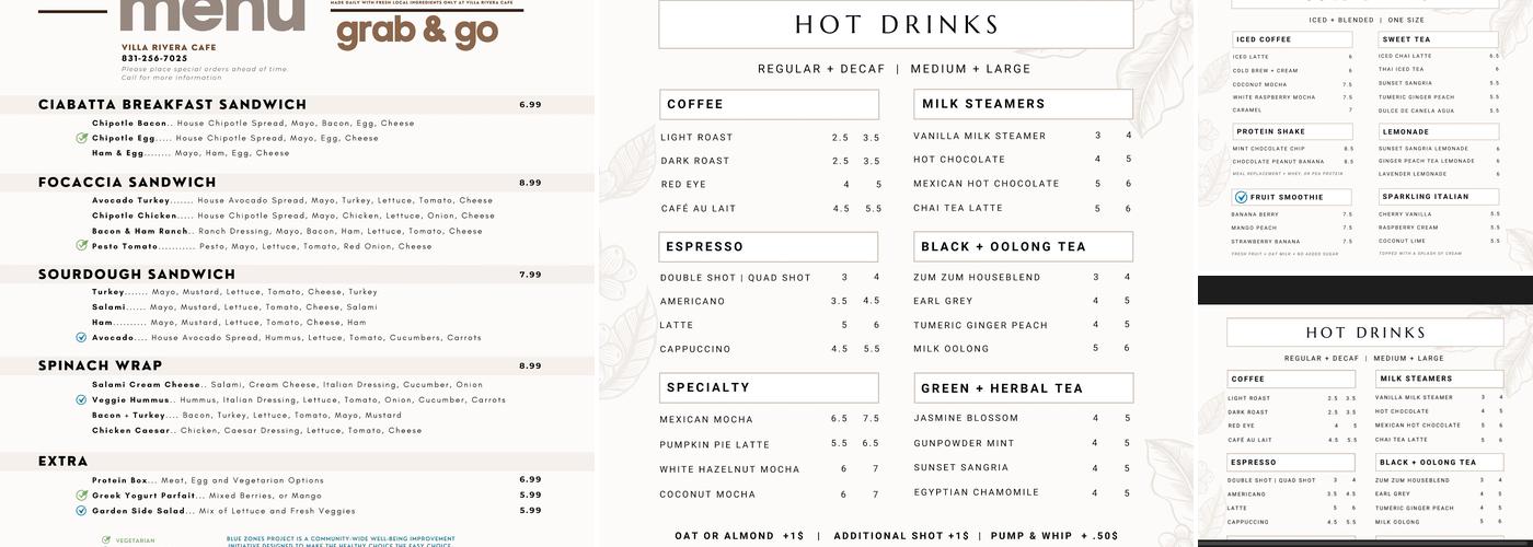 Villa Rivera Café Menu