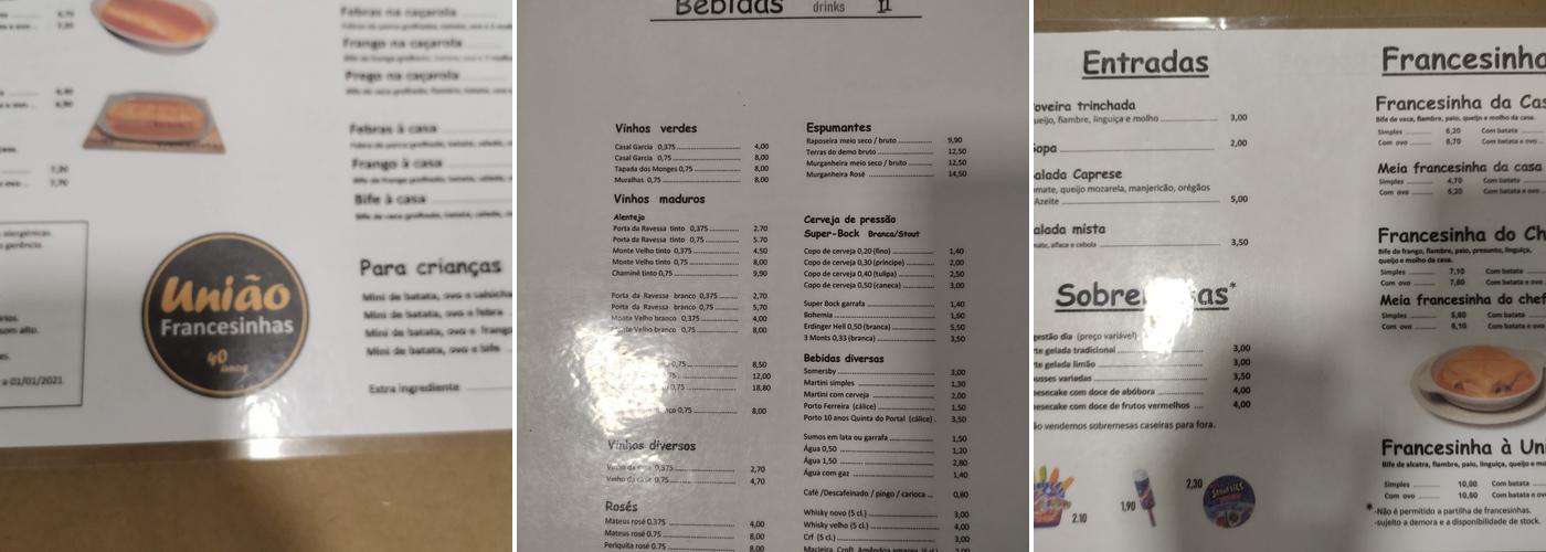 União, Francesinhas Menu