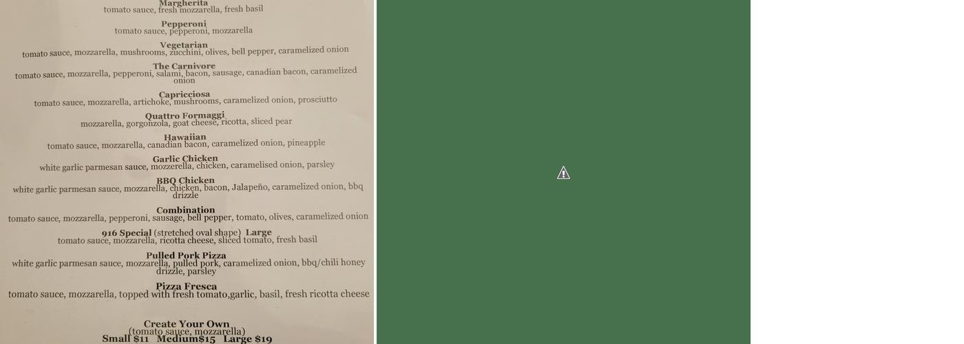 916 Pizza Menu