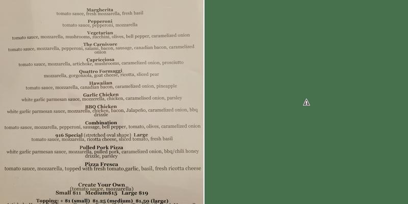 916 Pizza Menu