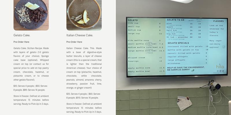 Hila Gelato Caffè Menu