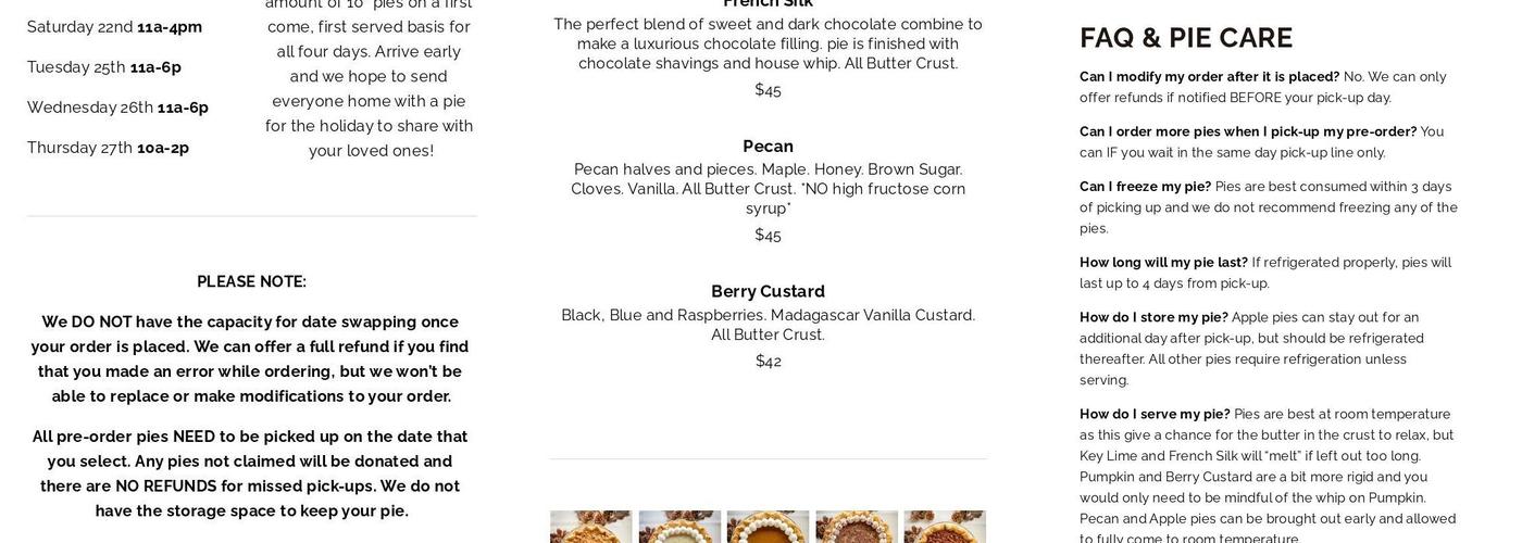 Pie Dreams Menu