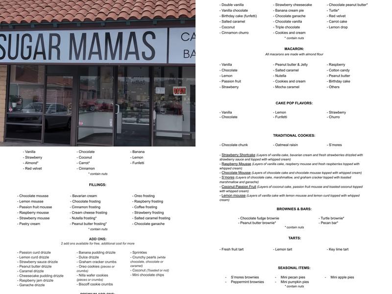 Sugar Mamas Cakes and Bakery Menu