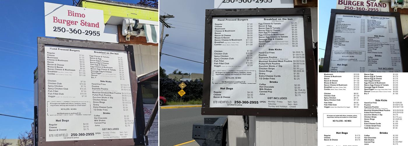 Bimo Burger Stand Menu