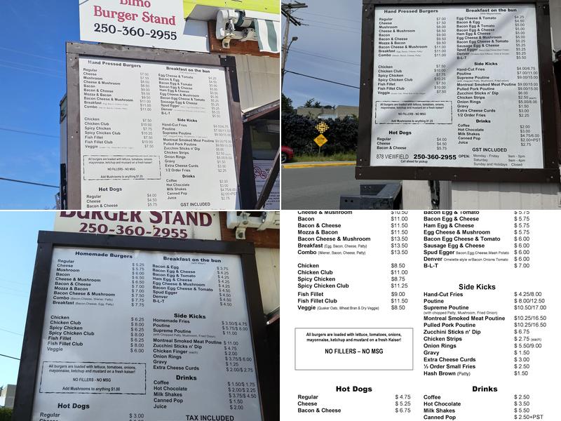 Bimo Burger Stand Menu