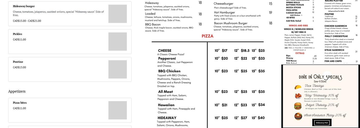 Lanigans Hideaway Pub Menu