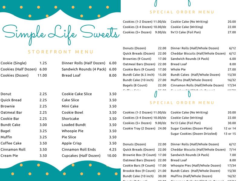 Simple Life Sweets Menu