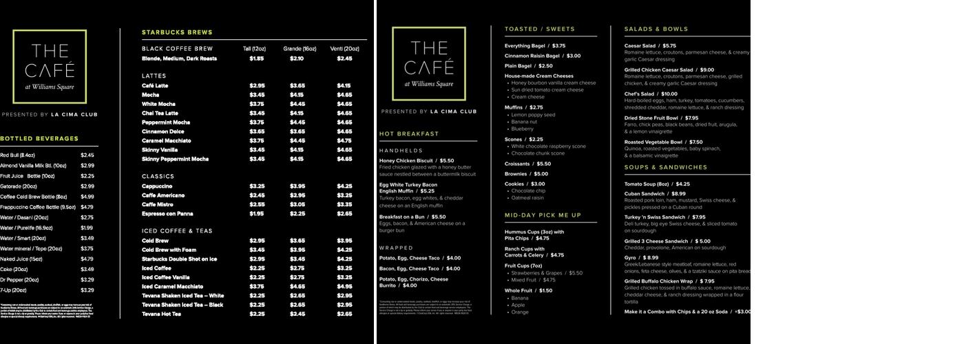 The Cafe at Williams Square Menu