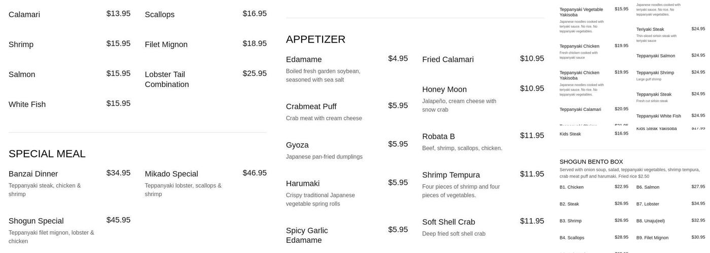 Shogun Japanese Grill & Sushi Bar Menu