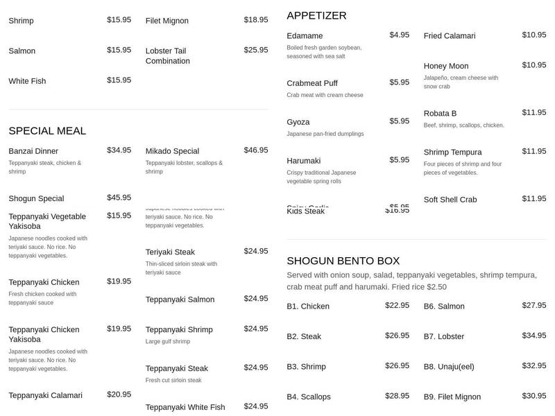 Shogun Japanese Grill & Sushi Bar Menu