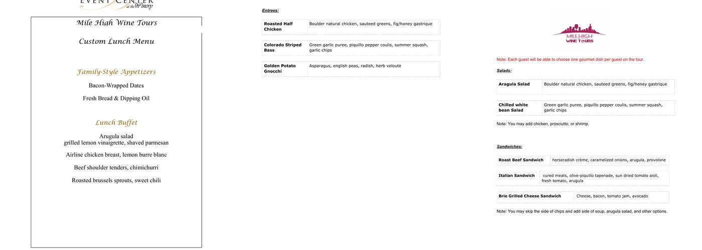 Mile High Wine Tours Menu