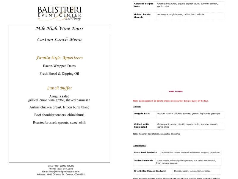 Mile High Wine Tours Menu