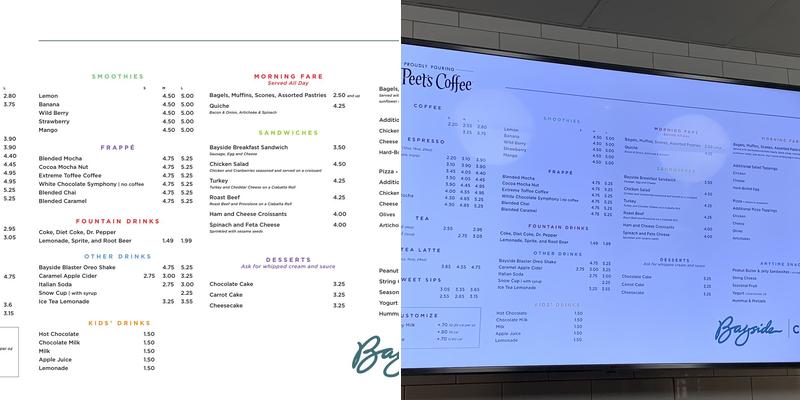 Bayside cafe Menu