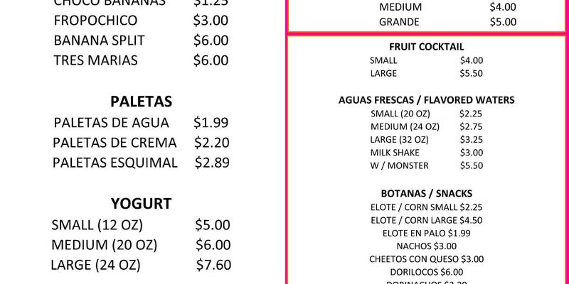 La Michoacana Neveria y Paleteria Menu